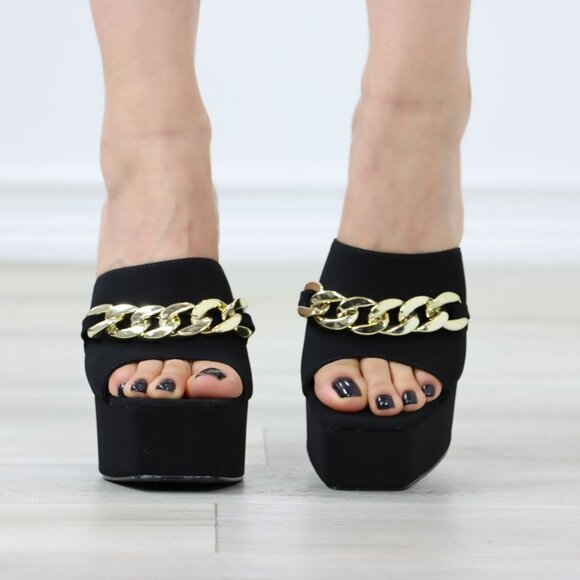 Slip On Platform High Heels Black Velvet Open Toe Sandal Mule Gold Chain Detail - Picture 8 of 12